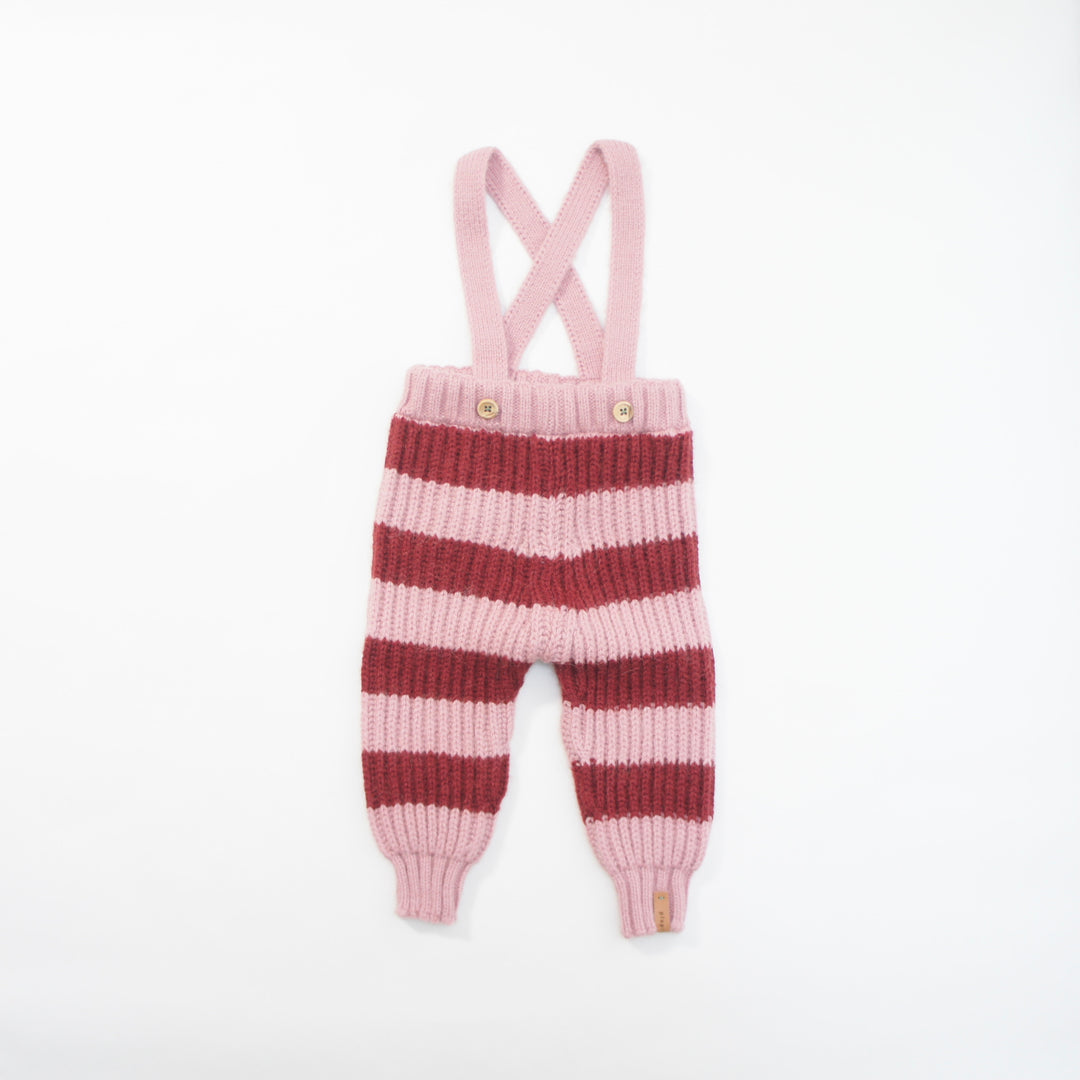 Knitted baby trousers w/ straps | Pink & raspberry stripes（12M-24M）