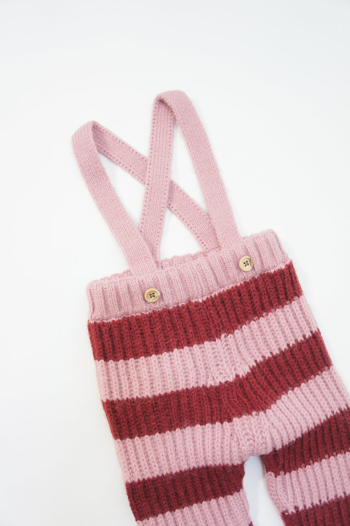 Knitted baby trousers w/ straps | Pink & raspberry stripes（12M-24M）